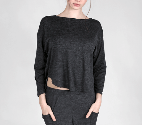 Close up of a long sleeved lounge top made of 100% merino wool.