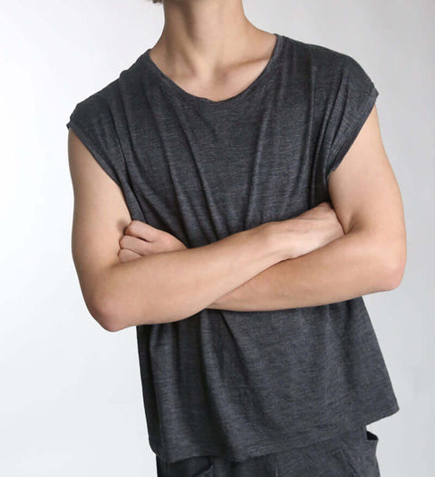 Close up of a merino wool sleevelss top